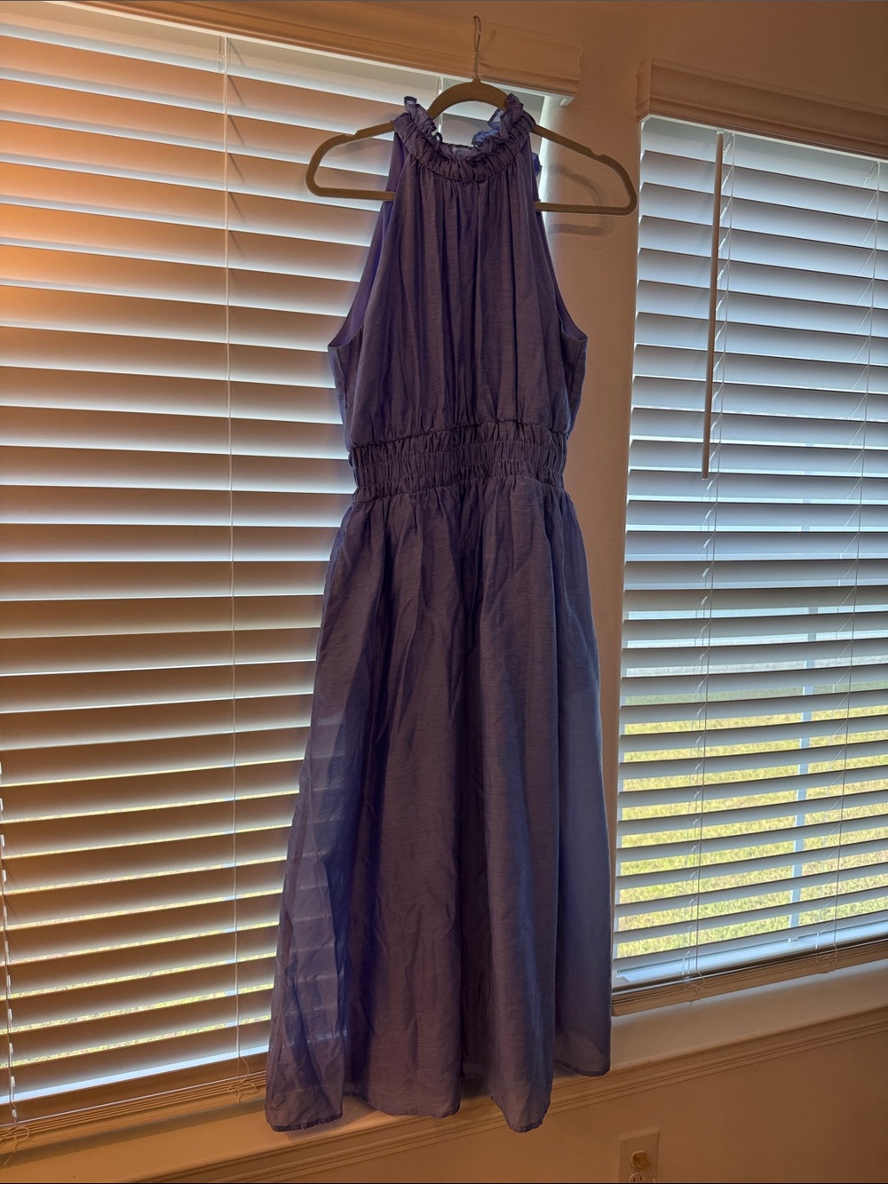 Sleeveless Light Blue Midi Dress with Smocked Waist